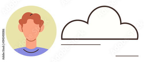 Online communication, digital identity, data storage, cloud technology, user profile, networking. Minimal graphic of a person and a cloud with lines. Digital identity and cloud technology concept
