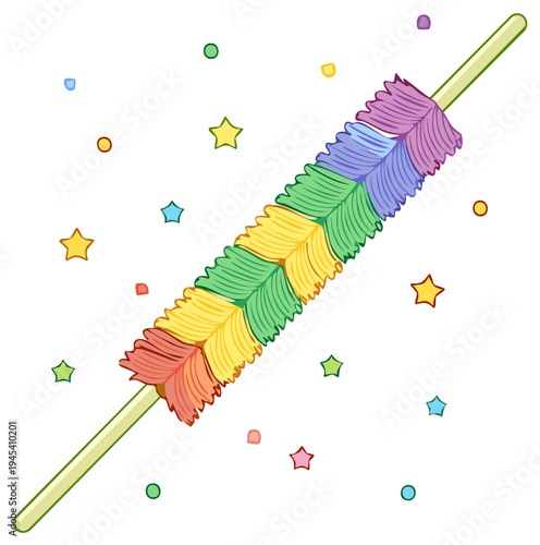Colorful Feather Duster Illustration with Stars and Dots, Cleaning Tool for Home, Rainbow Colors, Dusting Equipment