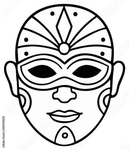 Stylized African tribal mask with decorative patterns and symmetrical design