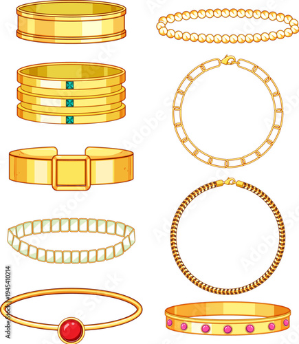 Collection of gold bracelets and bangles with chains, cuffs, pearls and colorful gemstones, showcasing elegant, luxurious accessories for fashion, gifts, and special occasions
