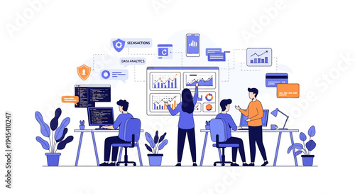 Team Collaboration in Modern Tech Workspace. Vector Illustrations. EPS Editable