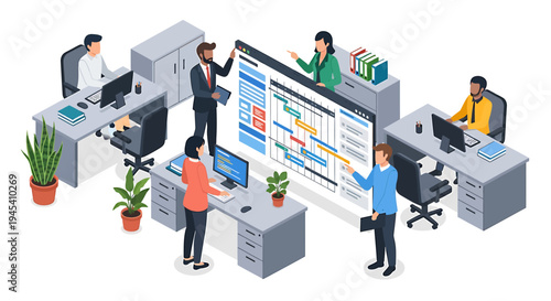 Team Collaboration In Modern Office Workspace. Vector Illustrations. EPS Editable