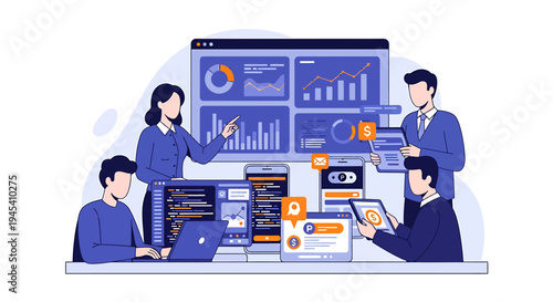Team of Analysts Analyzing Data On Computers. Vector Illustrations. EPS Editable