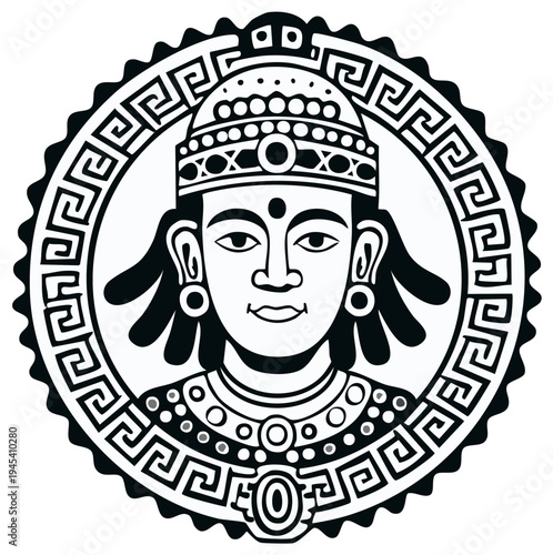 Illustration of a stylized ancient figure with ornate headwear and decorative border in a graphic style