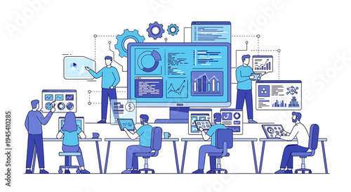 Team of researchers at data analysis screens. Vector Illustrations. EPS Editable