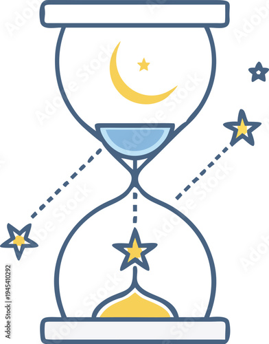 Hourglass with Moon and Stars Time Passing Concept Flat Design Illustration