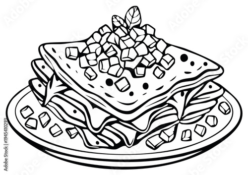 Illustrated Stacked Dish of Food on Plate