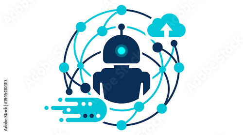 Advanced AI robot connected by network links and cloud icons. Vector Illustrations. EPS Editable