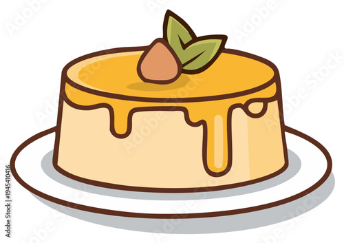Sweet Caramel Pudding with Almond and Mint on Plate, Cartoon Style Culinary Dessert Icon for Design, Delicious Homemade Food