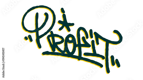 Profit Word Graffiti Tag Illustration in Green and Yellow Hand Style for Urban Financial Themes and Streetwear.