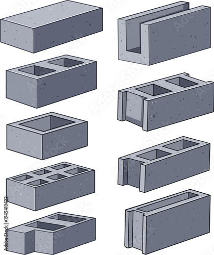 Cement blocks forming different architectural elements, including standard units, u shaped units, and hollow core variations, illustrating diverse building material options for construction