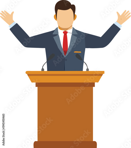 Man in Suit Speaking at Podium with Microphones Gesturing with Hands Flat Design