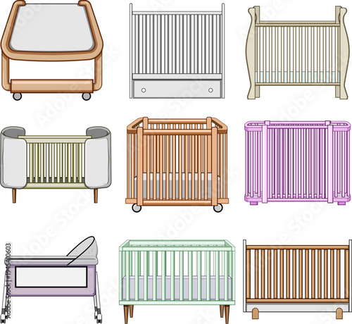 Various designs of baby cribs, cradles, and bassinets illustrating essential furniture for infant sleep and a welcoming nursery environment, focusing on child care
