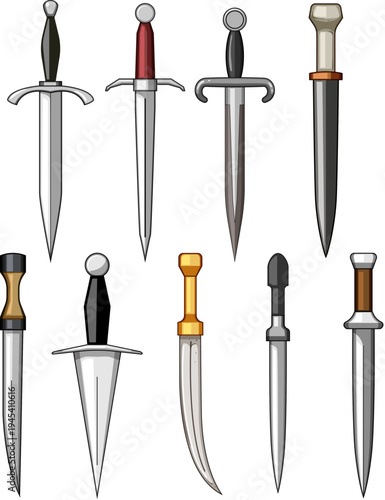 Diverse daggers and short swords collection showcasing various blade and hilt designs, representing historical and fantasy weaponry ideal for game assets or themed graphic projects