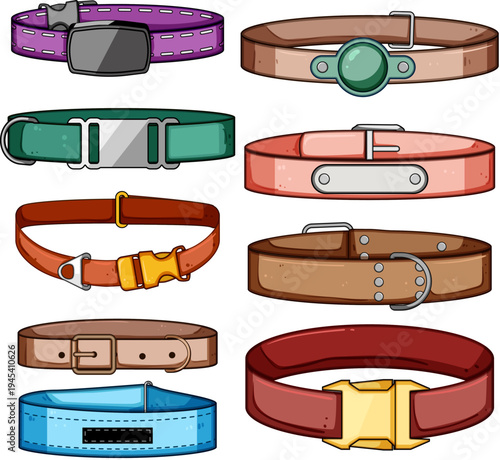 Various pet collars presenting a collection of accessories for dogs and cats, featuring diverse materials, buckles, and identification tag holders on a clean white background