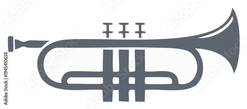 Vector graphic of a brass trumpet with three valves and a flared bell on a white background