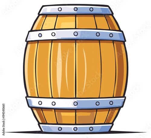 Cartoon wooden barrel with metal bands isolated on white background