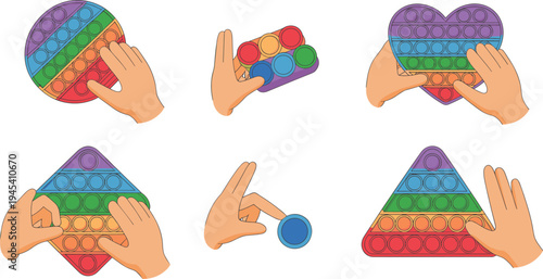 colorful pop it fidget toy collection with hands pressing sensory bubbles, anti stress toy illustration, autism sensory play concept