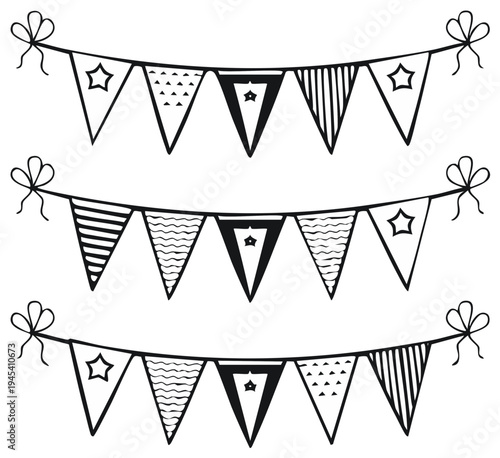 Hand Drawn Bunting Flags with Stars and Patterns Festive Decoration String Line Art