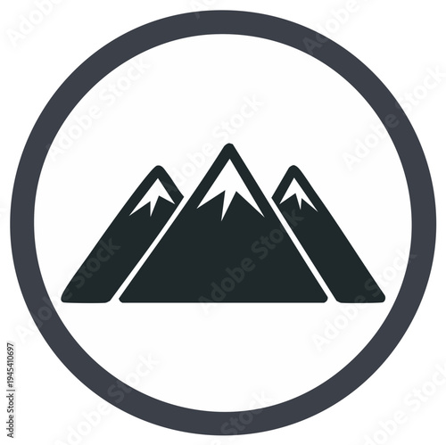 Minimalist vector icon of a mountain range with snowy peaks in a circular frame