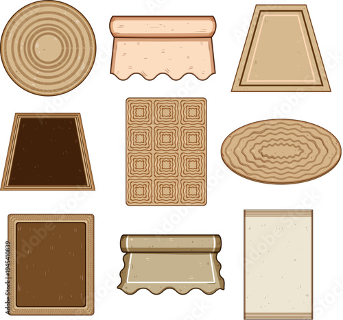 Various textured carpets and floor coverings in a neutral palette, featuring different shapes, patterns, and an unrolled and rolled design, highlighting home decor elements