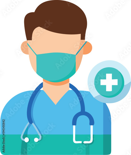 Medical Professional with Stethoscope and Mask Healthcare Symbol Flat Illustration