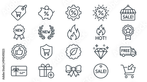 Collection of e commerce and discount icons for marketing and advertising materials