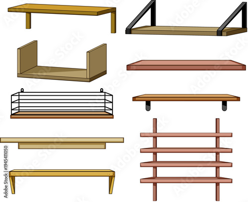Collection of various floating and wall mounted shelves, including wooden, metal, and tiered designs, providing diverse solutions for home organization and interior decoration