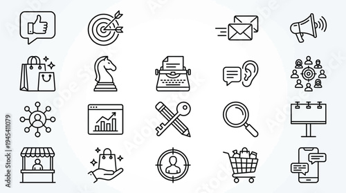 Collection of 20 line icons for business communication and technology concepts