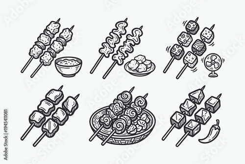 Hand-drawn Doodle Set of Various Grilled Skewers, Barbecue, and Street Food Vector Illustrations