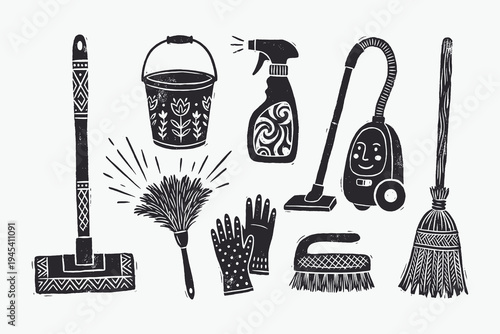 Linocut Style Cleaning Tools Set. Hand-drawn Icons of Housekeeping Supplies