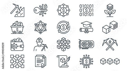 Collection of 20 line icons related to business education and finance