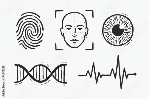 Woodcut style set of biometric identification, DNA, and medical vital signs symbols.