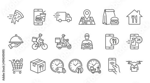 Collection of various line icons representing different objects and services