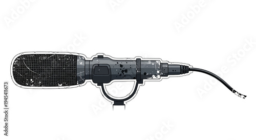 Professional condenser microphone with shock mount and cable, isolated on white background