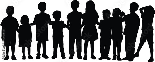 Silhouettes of a diverse group of young children and kids standing together with arms around shoulders, boys and girls bonding in friendship,