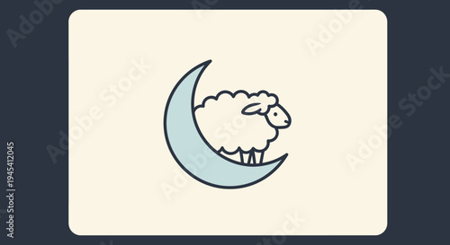 Cute sheep standing on a crescent moon, minimalist illustration for restful sleep, sweet dreams, and peaceful bedtime.