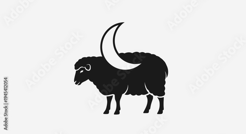 Stylized black ram silhouette with a white crescent moon. Minimalist animal graphic design on a light background, clean icon.