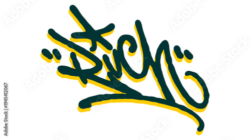 Rich Word Graffiti Tag Illustration in Green and Yellow Hand Style for Modern Urban Branding and Fashion.