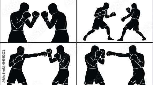 Boxing fighters silhouettes set, two boxers sparring punching actions, combat sport training fight match athletic competition vector