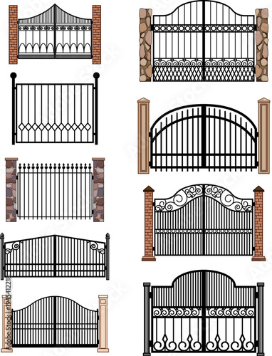 Different styles of metal gates with decorative elements and sturdy columns, offering security and aesthetic appeal for property entrances and residential homes