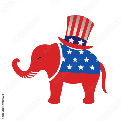 Red Elephant Wearing Patriotic Uncle Sam Hat and Star Spangled Vest