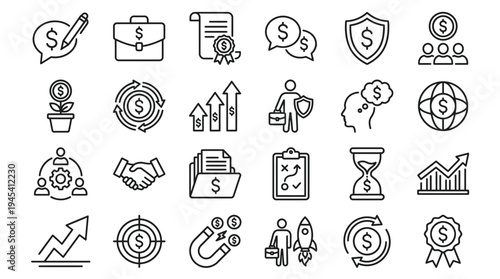 Collection of 25 line icons related to business finance and productivity