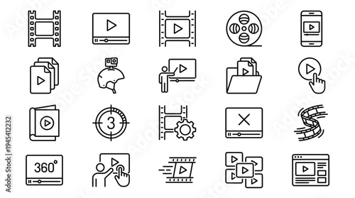 Collection of black and white video editing icons and symbols for multimedia and film production software