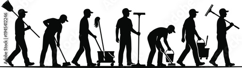 Cleaning, worker, janitor, cleaner, housekeeping, sanitation, maintenance, service, hygiene, mop, broom, bucket, equipment, silhouette, staff, work, cleaning, service, vector, illustration