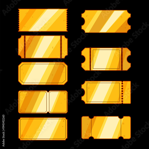Collection of shiny golden tickets with different shapes and perforations, symbolizing exclusive access, winning a prize, or a special invitation to an event