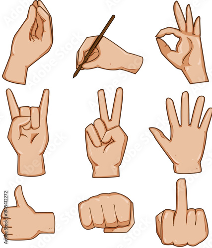 Hands showing a variety of gestures and signalswriting, holding a pen, thumbs up, peace, fist, pointing, and rude signsexpressing communication, emotion, and action in one set