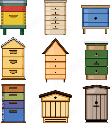 Collection of different colorful wooden beehives and apiaries for beekeeping, illustrating a diversity of modern and traditional insect homes for honey production