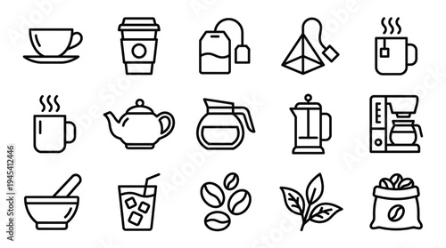 A collection of coffee and tea icons in a simple line art style