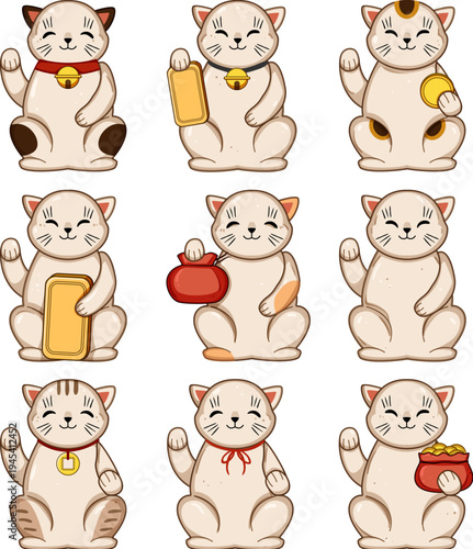 Cute cartoon lucky cats sitting and waving paws while holding gold coins, ingots and money bags, smiling mascots symbolizing prosperity, good luck and wealth